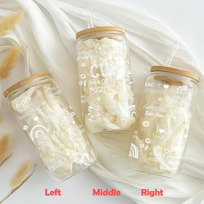 Inspiration Glass Cup 16 Oz with Lid and Straw Positive Motivational Tumbler Iced Coffee Aesthetic Cups Birthday Mothers Day Christmas Inspirational Gifts for Women Mom Teachers Friends