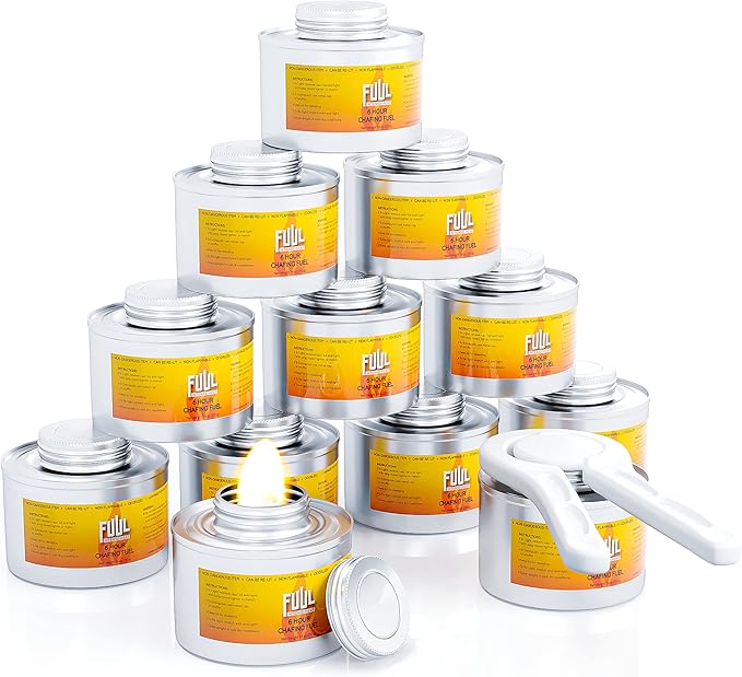 6 Hour Chafing Fuel | 12-Pack Cans for Chafing Dishes | Premium Food Warming Wick Set with Lid Opener | Burner Cans With Steady, Controlled Flame