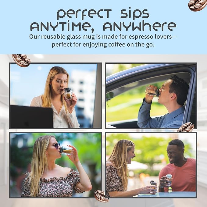 To-Go Espresso Glass Travel Mug with Lid, Reusable Double Wall Glass Tumbler, Fits Most Coffee Makers/Cupholders for Your Car, Gifts for Coffee Lovers, 2-Pack Flat White Cortado Cups