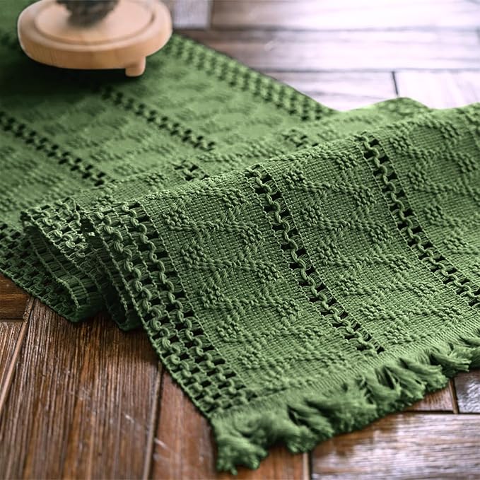 Alynsehom Macrame Table Runner Green Boho Table Runners with Tassels Hand Woven Cotton Table Runner Rustic Farmhouse Table Runners for Bohemian Kitchen Dining Table(12x36in)