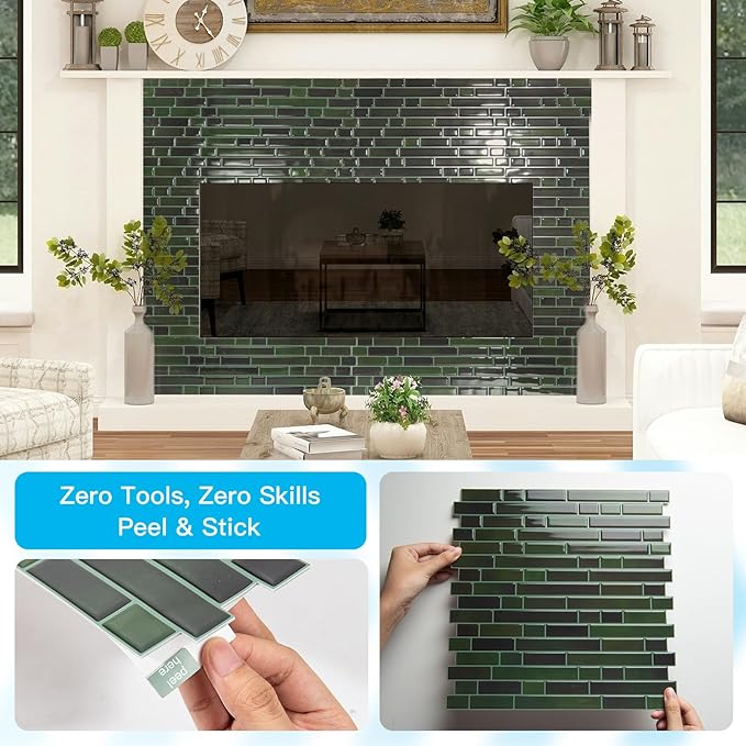 Art3d 10-Sheet Heavy-Duty Peel and Stick Backsplash, Waterproof Wall Tiles Stick on Kitchen Backsplash Living Space, Dark Green