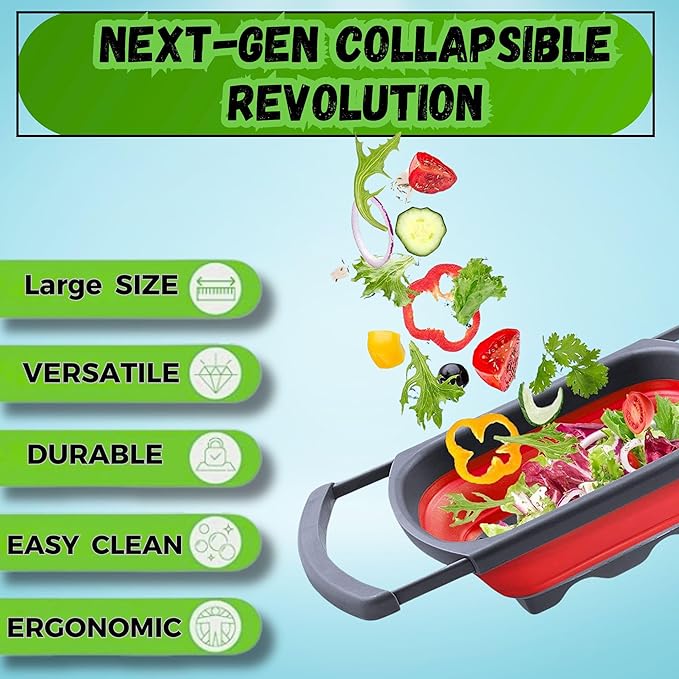 Collapsible Colander Set,Premium Food Grade Silicone Folding Strainers with Handles Space Saving Colanders for Draining Pasta,Vegetables & Fruits,Ideal for Kitchen & Travel (1pc(Red))