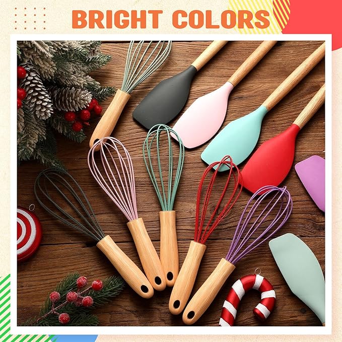 12 Pcs Small Silicone Whisks and Spatulas with Wooden Handle for Cooking 10 Inch Mini Whisk Spatula Non Stick Kitchen Baking Essentials Cookware for Valentines Day Party Favor Gift Supplies