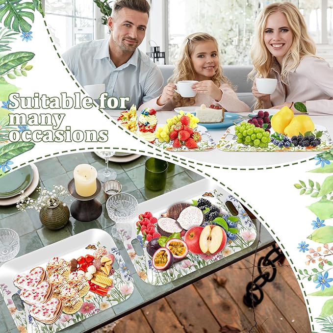 gisgfim 2PCS Spring Wild Flower Serving Trays 16.1 X 11.1 Inch Large Melamine Wildflower Trays Platters with Handles Watercolor Floral Butterfly Food Trays for Snacks Summer Birthday Party Decorations