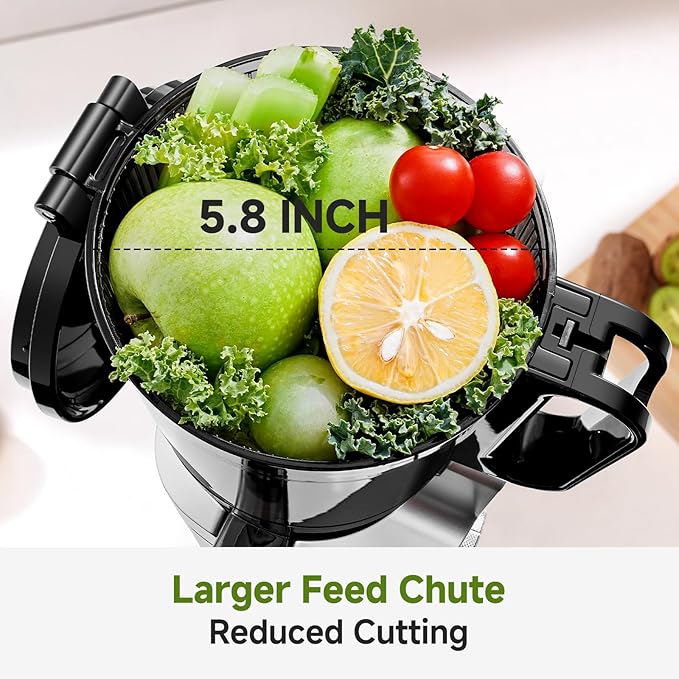 AMZCHEF Juicer Machines, 5.8" Extra Self-Feeding Cold Press Juicer for Whole Vegetable & Fruit, Juice Extractor Machine with Large Auger & Triple Strainers, Easy to Clean, High Juice Yield, Silver