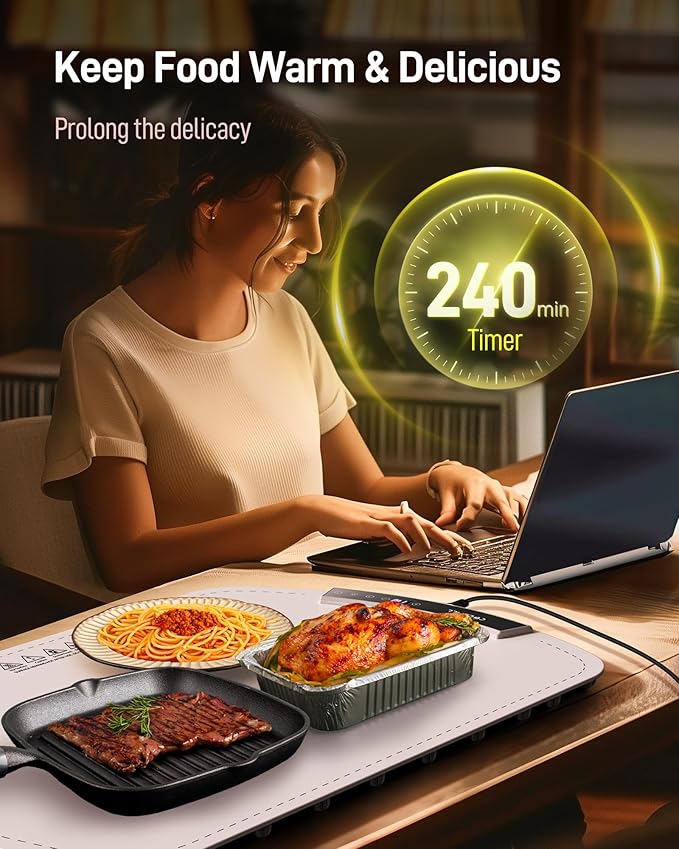 Warming Mat for Food, Electric Food Warming Mat with 8 Temp Level and 4H Timer, Silicone Chafing Dishes(24"x16"), Rollable & Portable Warming Trays for Buffets Party (Pink)