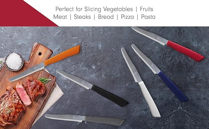 Tredoni 6 kitchen Knives - 4.3"/11cm Italian Stainless Steel Serrated Vegetable/Steak/Table Knife Cutlery, Rounded Tip (Red)