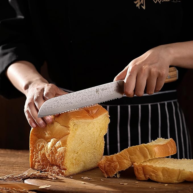 Wakoli Oribu Bread Knife – Full Tang Damascus Knife | 8-Inch Serrated Blade Made of 67-Layer Damascus Steel with AUS-10 Core | Ergonomic Olive Wood Handle | Professional Quality & Sharpness