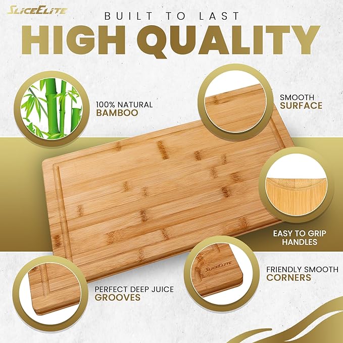 SliceElite 3pc Bamboo Cutting Board Set: Eco-friendly, durable chopping boards with handles & juice grooves. Ideal for all kitchen tasks (Large, Medium, Small), Natural