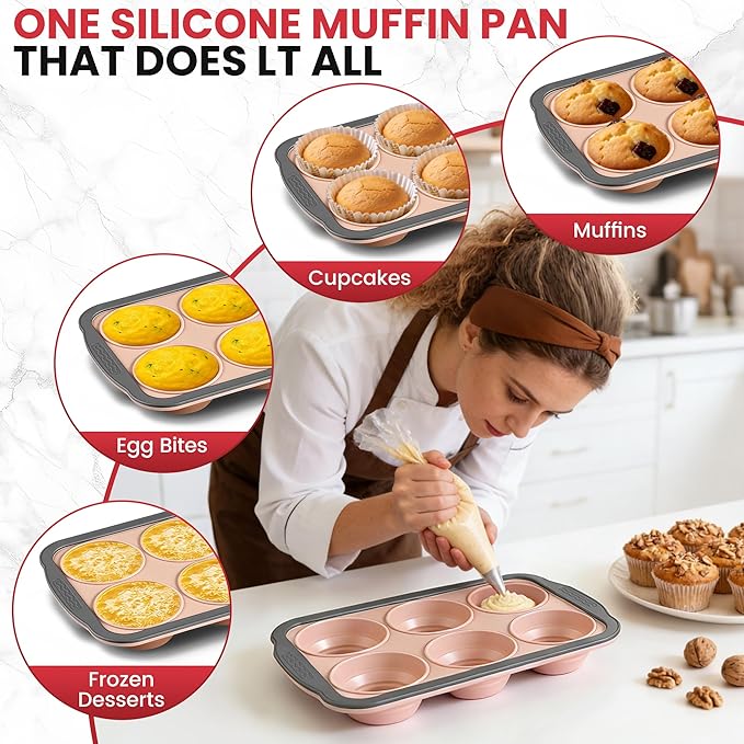 HE-SANQI Silicone Muffin Pan - 6 Cups Regular Size Cupcake Pan Egg Bite Molds Muffin Pans for Baking - Nonstick, Easy to Pop, Bakeware for Oven Dishwasher Safe, BPA Free (6-Cups Pink)