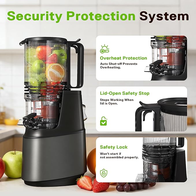 Cold Press Juicer, Juicer Machines with 5.3" Wide Feed Chute, Slow Masticating Juicer for High Yield with Whole Fruits and Vegetables, Easy to Clean, Easy to Assemble.（Gray)