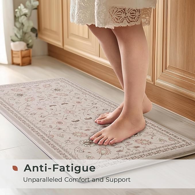 FRESHMINT Kitchen Mats for Floor 2 Piece Set, Waterproof & Non-Skid Vintage Floarl Kitchen Rugs, Cushioned Kitchen Floor Mat for Standing Washable Comfort Desk Kitchen Runners, 17x30''+17x47''