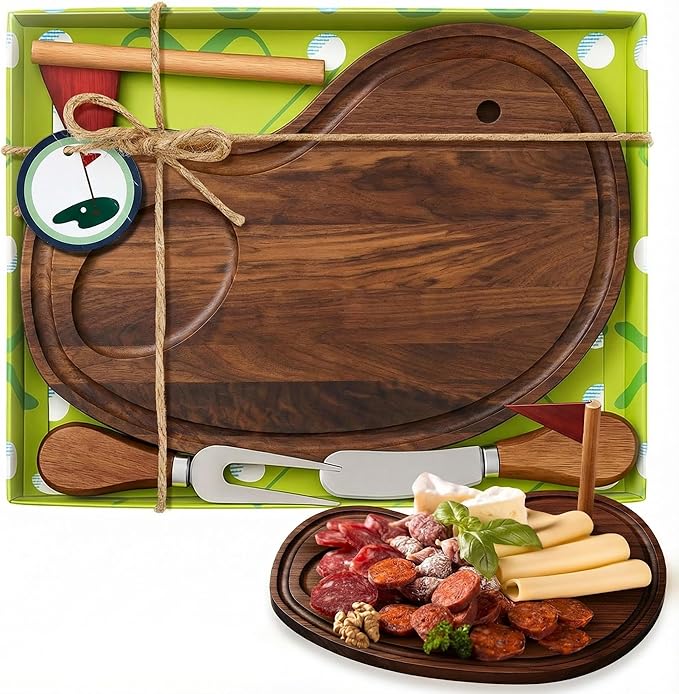 Ziliny Golf Cheese Board Gift Set Party Favor Prizes Charcuterie Wood Board with Knives and Box Father Day Gift for Dad Grandpa Party Tournament Game(9.8" x 7.7", Walnut Color)