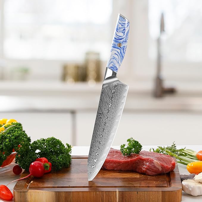 SHANGDAO Damascus Chef Knife, 8 inch Japanese chef's knives, Resin Handle kitchen knife, sharp knives kitchen Cooking Knife, chef's knives Including Gift Box