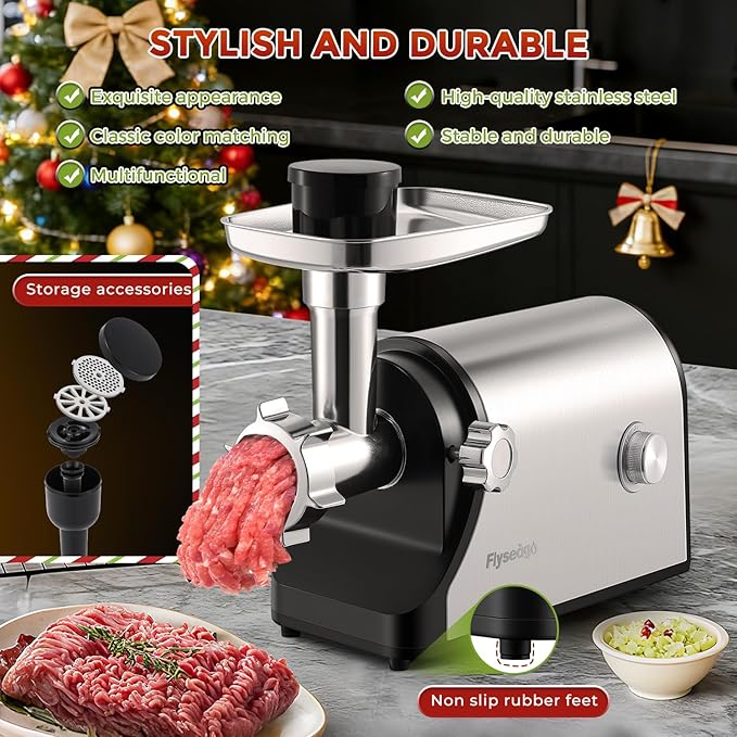 Flyseago Electric Meat Grinder 3200W Heavy Duty Commercial Meat Grinders, Sausage Stuffer, Kubbe Kit with 2 Cutting Blades, 3 Grinding Plates, 3 Sausage Tubes, Metal Gearbox Meat Grinder for Home Use
