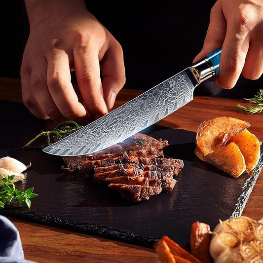 SENKEN Damascus Steak Knife Set - Tsunami Collection - 67-Layer Japanese VG10 Steel - Razor Sharp Non-Serrated Blades, Blue Resin & Natural Wood Pattern Handles, Luxury Gift Box (4 Steak Knife Set)