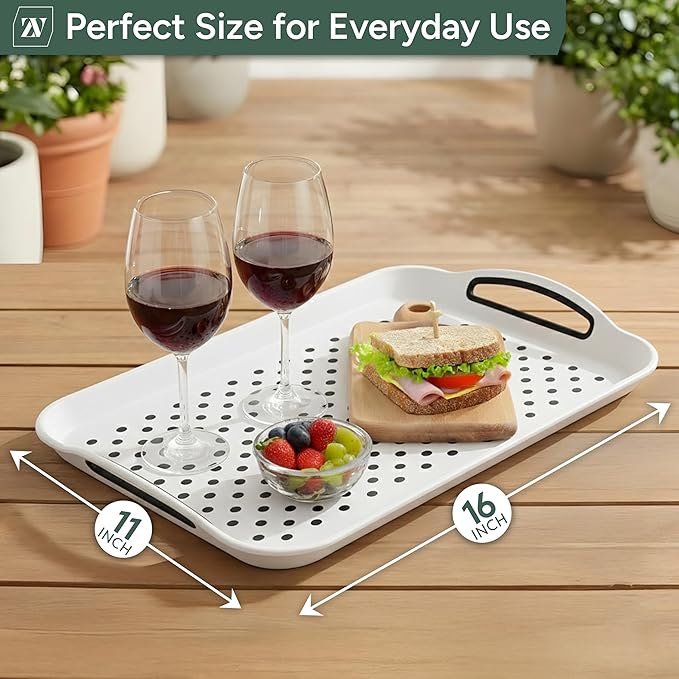 Zuvo Anti-Slip Food Serving Tray with Handles (Set of 2) – BPA-Free Plastic, Lightweight & Durable – Non-Slip Couch Trays for Eating & Drinks (White)