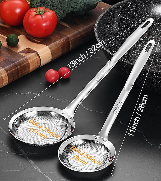 Ugotit Filter Scoop Stainless Steel Fat Skimmer Spoon, Professional Skimmer Spoon Grease Filter Ladle, Oil Separator for Frying and Gravy, Commercial Kitchen Strainer (3.5 Inch & 4.3 Inch)