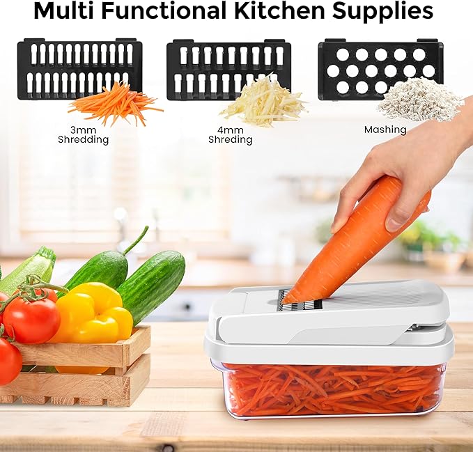 Vegetable Chopper,12-in-1 Multifunctional Food Chopper,Professional Onion Chopper with 7 Blades,Vegetable Cutter with Container for Salad,Potato,Carrot,and Garlic,Essential Kitchen Tool (White)