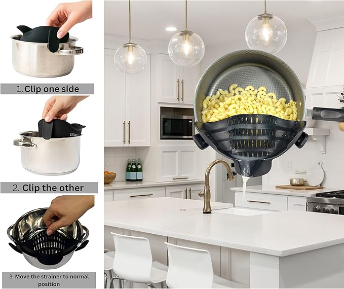 Clip on Strainer Silicone for All Pots and Pans, Colander, Pot Strainer for Pasta, Meat, Vegetables, Space Saving Design, Food-Safe, with Collapsible Funnel, Garlic Peeler, 3 Pack (Black)