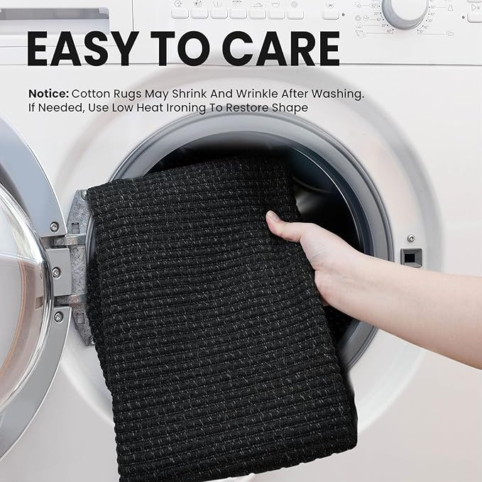 EARTHALL Woven Runner Rug 2x12 Ft Washable Runners for Hallways Extra Long Cotton Non Slip Rubber Backed Kitchen Runner Braided Indoor Floor Carpet for Entryway, Hall, Kitchen, Black/Grey