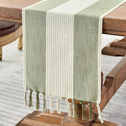 Wracra Linen Table Runner, Farmhouse Macrame Table Runners 36 Inches Long for Dining Table Decor, Wedding, Party and Dresser Decor (Sage Green,36")