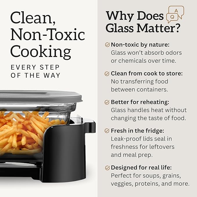 TEVOLUX 4-in-1 Portable Glass Air Fryer Cooking System, 1500W, 6.3QT & 4.4QT Glass Containers with Storage Lids, Microwave, Freezer & Dishwasher Safe