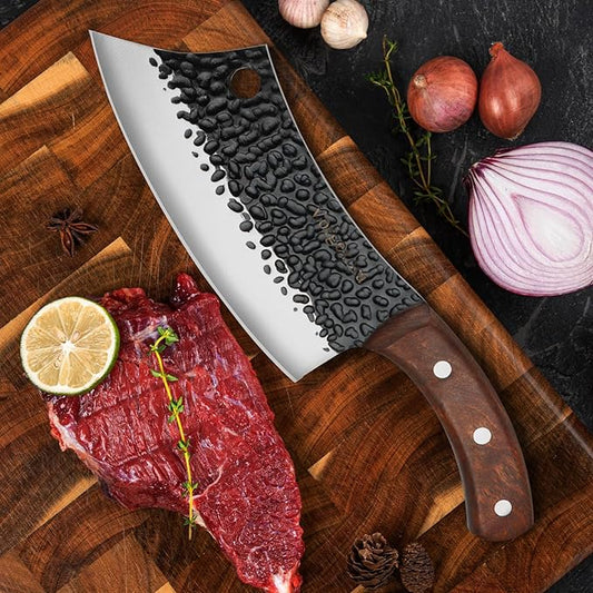 3PCS Butcher Chef Knife Set for Kitchen - Meat Cleaver & Paring Knife, Hand Forged High Carbon Steel Knives with Sheath for Home Cooking, Outdoor Camping, BBQ, Gift Idea for Men