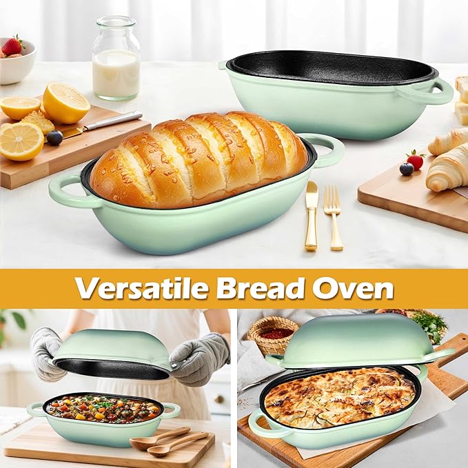 Homikit Enameled Cast Iron Dutch Oven for Bread Baking, 2.8 QT Oval Bread Oven Pot with Lid, Sourdough Loaf Iron Dutch Oven Pan for Roasting Cooking, Pistachio Green & Heavy Duty