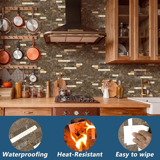 Yipscazo 10 Sheets Peel and Stick Stone Metal Backsplash, PVC Wall Tiles Stick on Tiles for Backsplash Kitchen, Bathroom, Fireplace (6'' X 12'', Rustic)