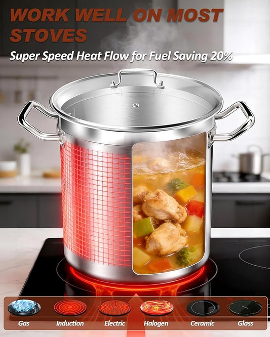 Large Stock Pot 20 Quart - Commercial Grade Soup Pot With Glass Lid - Nickel Free Stainless Steel Cookware - Healthy Polished Stockpots - Heavy Duty Induction Pots