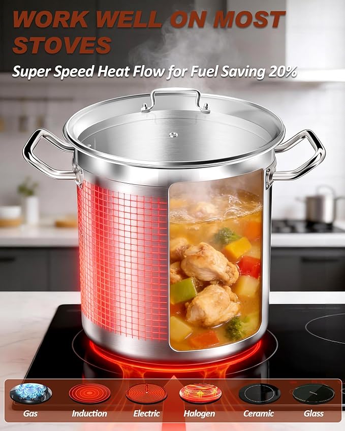 24 Quart Stainless Steel Stock Pot with Glass Lid – Heavy Duty Cooking Pot for Soup, Stew, Pasta – Induction Compatible, Dishwasher Safe – Ideal for Home & Commercial Use