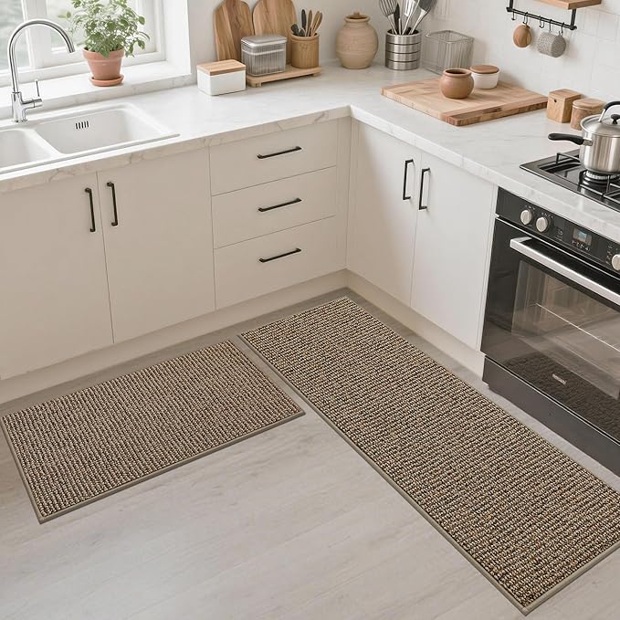 JSEI Kitchen Rugs, 17''x30'' Non-Slip Kitchen Mats for Floor, Machine Washable Absorbent and Stain Resistant Kitchen Runner, Carpet Mats with TPR Backing for Kitchen, Taupe