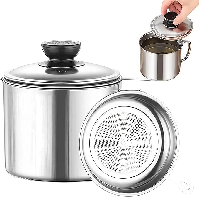 RIIPOO Grease Container for Kitchen, 44oz Bacon Grease Saver with Strainer, 304 Stainless Steel Cooking Oil Container Can, Oil Storage Keeper with Lid