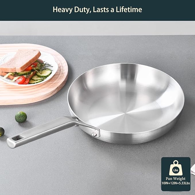 Yeksum Tri-Ply Stainless Steel Frying Pan Set, 10 Inch and 12Inch, Skillet set, Fast Even Heat, Cooking Pan 10" 12", Induction Ready Egg Pan, Compatible with All Cooktops Up to 600℉