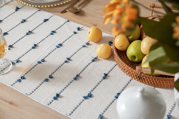 Caflife Boho Table Runner 90 Inchs Long for Modern Farmhouse Room Home Decor, Blue and Beige Coffee Table Runner, Natural Cotton Woven with Tassels Neutral, for Kitchen Dining Table Decor