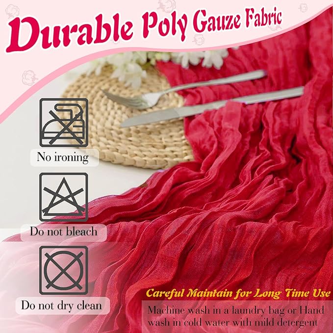 Red Cheesecloth Table Runner 2 Pack 35" Boho Gauze Table Runner 120 inches Long Runner Rustic Sheer Fabric Bulk for Baby Shower Wedding Bridal Birthday Party Table Decorations