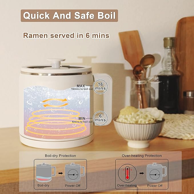 Mini Electric Hot Pot, Fast Cooker for Ramen/Soup, Stainless Steel with over-heating Protection, Perfect for Student & Single, 1.5L White
