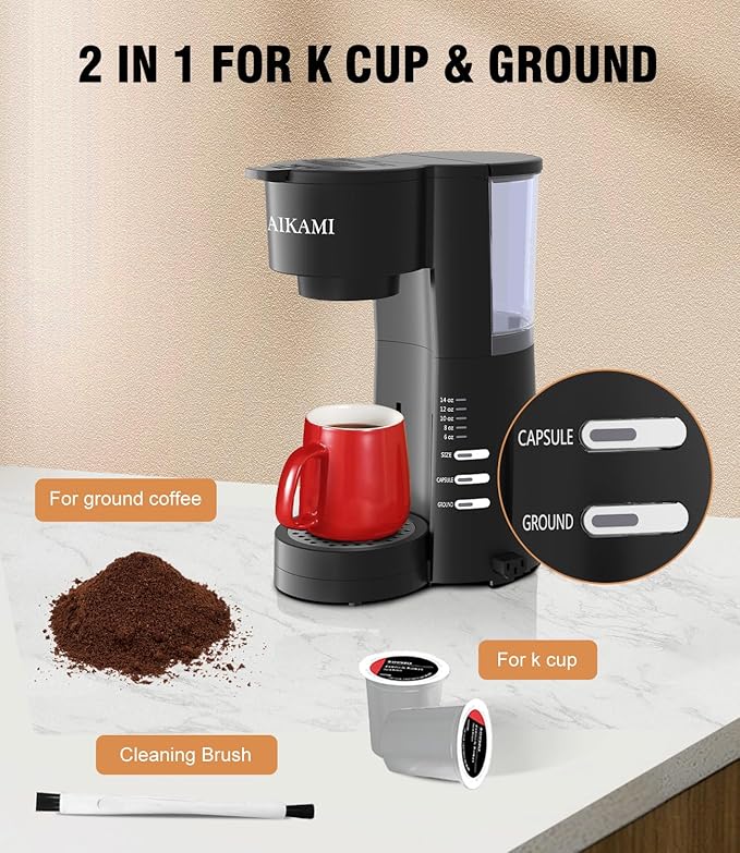 AIKAMI Single Serve Coffee Maker for K Cup & Ground Coffee with Milk Frother, 6 to 14 Oz Brew Sizes, Auto-Off Coffee Machine with Water Reservoir