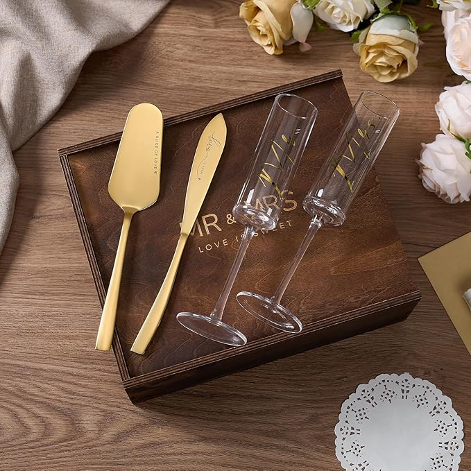AW BRIDAL Engagement Bridal Shower Wedding Gifts for Couple Newlyweds, Anniversary Mr Mrs Champagne Flutes Toasting Glasses Set of 2, Wedding Gold Cake Cutting Set with Wooden Box for Bride Groom