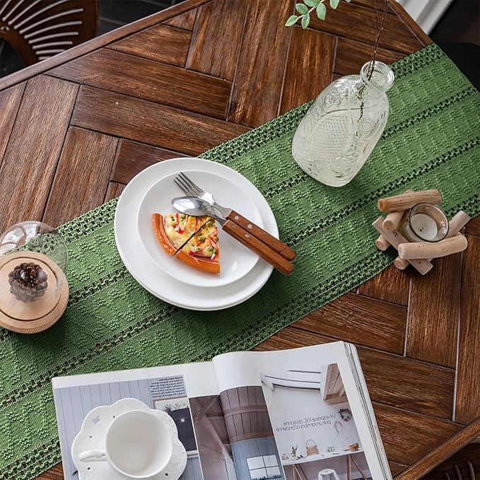 Alynsehom Macrame Table Runner Green Boho Table Runners with Tassels Hand Woven Cotton Table Runner Rustic Farmhouse Table Runners for Bohemian Kitchen Dining Table(12x48in)