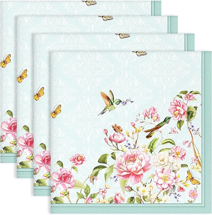 Bird Flower Napkins, 18×18 Inch French Country Dinner Cloth Napkins Set of 4, Washable Cotton Soft Absorbent Square Napkins for Dining Kitchen Party Wedding Decoration