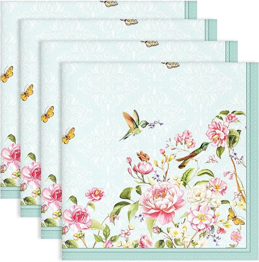 Bird Flower Napkins, 18×18 Inch French Country Dinner Cloth Napkins Set of 4, Washable Cotton Soft Absorbent Square Napkins for Dining Kitchen Party Wedding Decoration