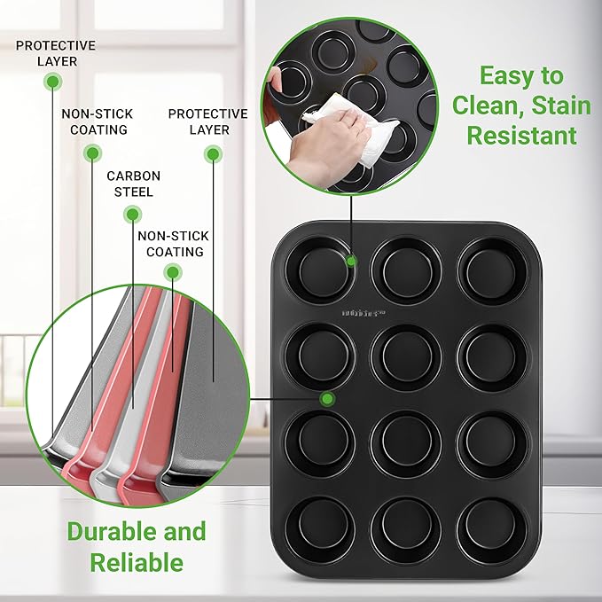 NutriChef Non-Stick 2-Piece 12 Cup Muffin Pans with 100 Parchment Cupcake Liners, Carbon Steel, Professional Grade Muffin Pans for Baking, Durable & Dishwasher Safe 13.7"x10.4"x1.1" Inch (Black)