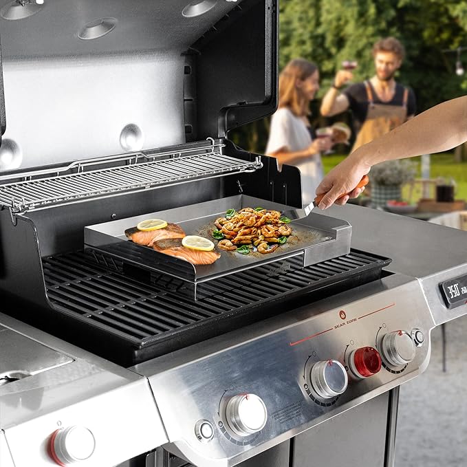 Stanbroil Universal Stainless Steel Grill Griddle with Even Heat Cross Bracing for BBQ Charcoal/Gas Grills, Camping, Tailgating, and Parties 18” x 12.5”