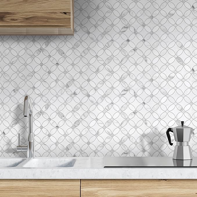 SUNWINGS 10-Sheet Coin Peel and Stick Waterjet Backsplash Self Adhesive Tiles White Marble Wall Panels Stick on Backsplash for Kitchen, Bathroom, Fireplace
