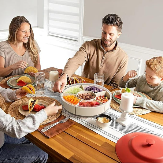 Divided Serving Tray with Lid and Handle,Large Snack Spinner,Snackle Box Container, Multi-purpose Food Platter for Charcuterie Veggie Fruit, Taco Tuesday Movie Night Travel Beach Picnic Essentials