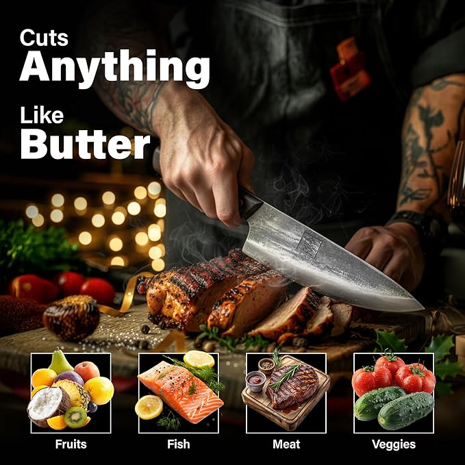 COOLINA Altomino and Tungsten Knife Set – Hand-Forged Chef Knife and Precision Slicing Knife Bundle – High Carbon Steel Full Tang Butcher Knives for Meat, Veggies, BBQ & Kitchen Prep