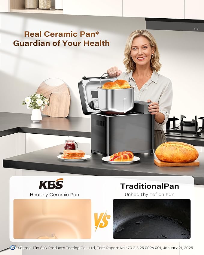 KBS 710W 2LB Bread Maker Dual Heaters, 17-in-1 Stainless Steel Bread Machine with Healthy Ceramic Pan, Automatic Nut Dispenser, Tempered Glass Touch Panel, 3 Crust Colors, 15H Timer& Keep-Warm,Recipes