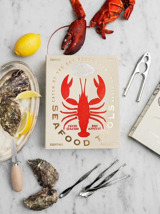 Printworks The Essentials, Seafood Tools – Seafood Tools Set with Oyster Knife, Shell Cracker & 4 Seafood Picks in Elegant Book-Style Case